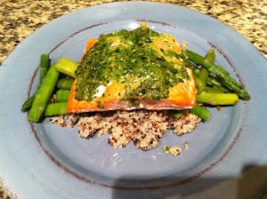 Wild Alaskan King Salmon with Pesto over Rainbow Quinoa and Asparagus