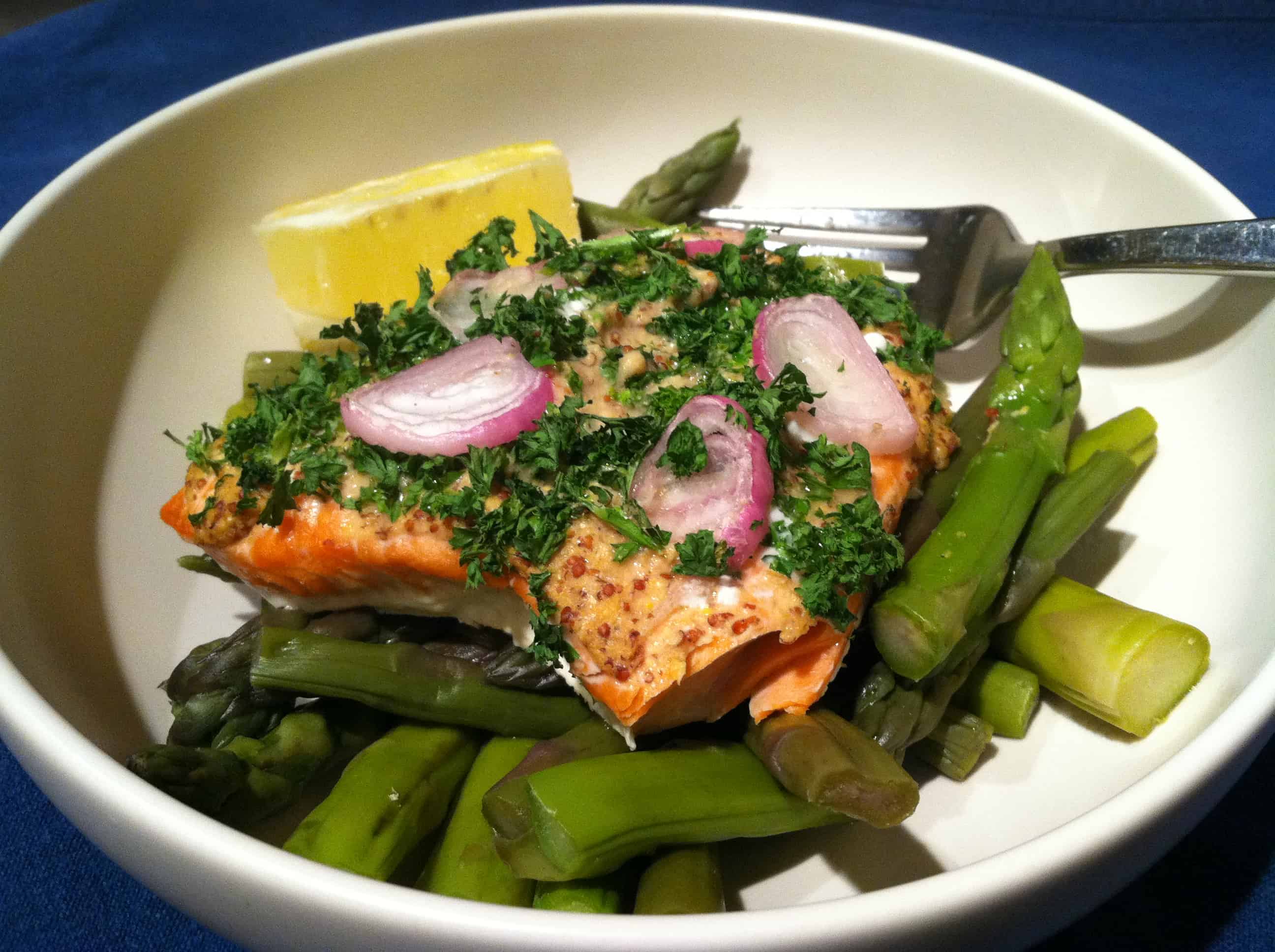 Baked Salmon with Grainy Mustard, Parsley and Sliced Shallots