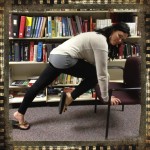 Move: Nose-to-Knee Crunch. - Get into plank position (usually done on a stability ball - I substituted a chair done in a library) A. Draw one knee toward your chest. B. Hold for
 one second and return to plank position. That's one rep. Form: Plank position and making sure hands are shoulder width apart and head is looking forward.  Works: entire core, shoulders, chest, hips, and glutes.
