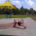 Incline push-up to work the deltoids and lower pectoral (chest) muscles. Keep back straight and butt, core and leg muscles engaged