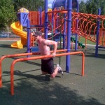 Traditional tricep dips. Try to keep elbows close together in back. This works deltoids, pectorals, triceps, abdominals and several other smaller muscle groups.