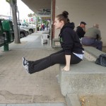 Move: L sit (on a bench downtown)-I could only hold it for a couple of seconds
 
Form: Sit in an L and lift yourself up so that you're levitating. My form is horrible-legs should be higher, toes should be pointed, and I'm sure there are many other things wrong, but this is the best I could do.