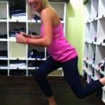 Balance your back foot on a bench or in a wall display of pants and squat on your other leg.