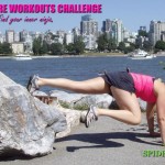 Move: INLCINE SPIDERMANS
 Find a solid spot to position your feet and hands in an inline plank. Draw right knee toward right elbow slowly, and back to plank. Repeat on both sides.
 FORM: STRONG CORE! Scooping the belly under creates space for your knee to draw closer to your elbow, firing up the obliques. Keep shoulders directly over your wrists for a strong, stable alignment.