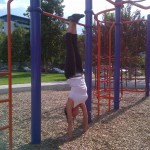Supported handstands... Maria does 5 of these for 45 seconds each. Easy enough, just kick yourself up and hold a steady and solid handstand. Careful to kick back the way you started and don't fall over onto your back.