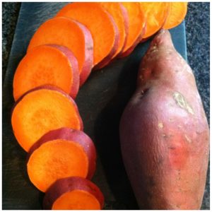 1. Chop Sweet potatoes cross-wise into even sized discs