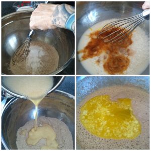 3. Mix dry ingredients in one bowl, wet ingredients in another. Combine. Add butter last.