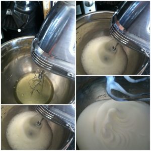 Beat egg whites with an electric mixer until stiff peaks form. 