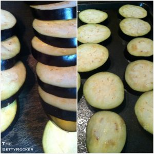 1. Preheat oven to 350. Slice eggplants into even sized discs. Bake for 15 minutes on a baking sheet lightly coated with olive oil.