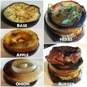 6. To assemble your sliders, start with a slice of eggplant, top with grilled apple, onion and herbs. Stack with a burger.