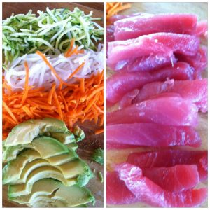 3. Chop/shred cucumber, daikon and carrots. Slice avocado and fish.