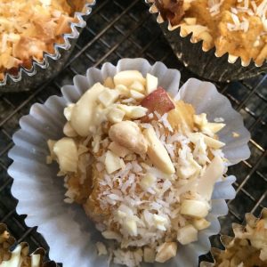 white chocolate peach protein muffins